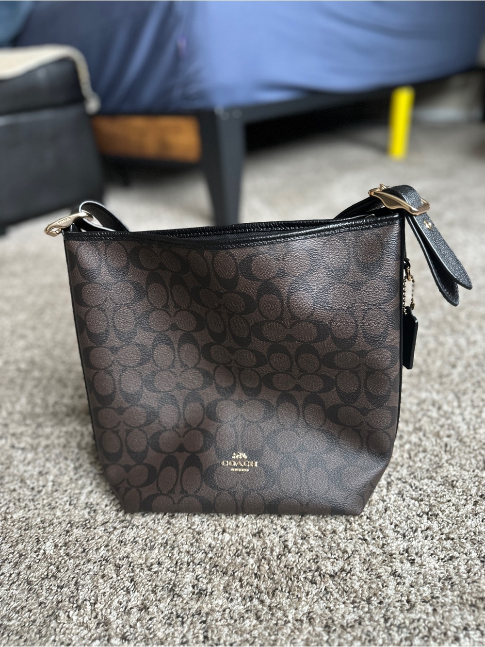 Coach Brown Signature Monogram Shoulder Bag with Black Trim